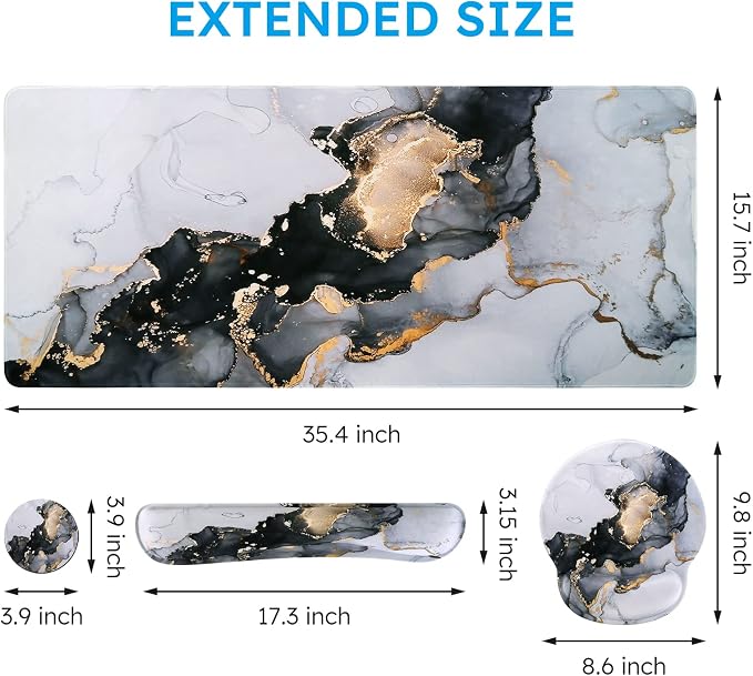 iCasso Grey Marble Mouse Mat 35.4"x15.7", Computer Pad for Teacher | Classroom Ergonomic Desk Pad Featuring Keyboard Wrist Rest, Vintage Mousepad Set for Table Home Computer Setup