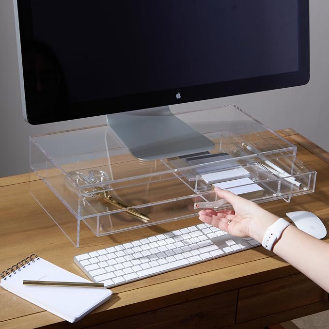 Russell+Hazel Acrylic Monitor Stand with Storage Drawer, Clear | Lifts your monitor for better posture and hides clutter below. Clear acrylic riser with a storage drawer holds up to 10 lbs.