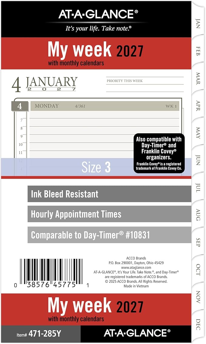 AT-A-GLANCE 2027 Planner Refill, Weekly & Monthly, 3.75" x 6.75", Portable Size 3, Tabbed, 6-Ring Loose-Leaf (471-285Y-27)