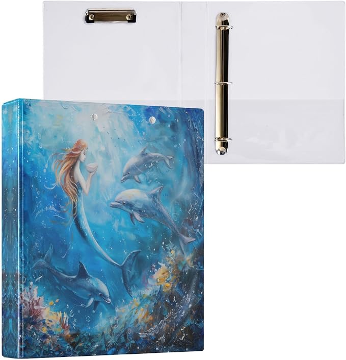 3 Ring Binder Ocean Mermaid Dolphin 1.5 Inch Three Ring Binder | Cute Binder with 3 Storage Pockets for Women School Office Supplies