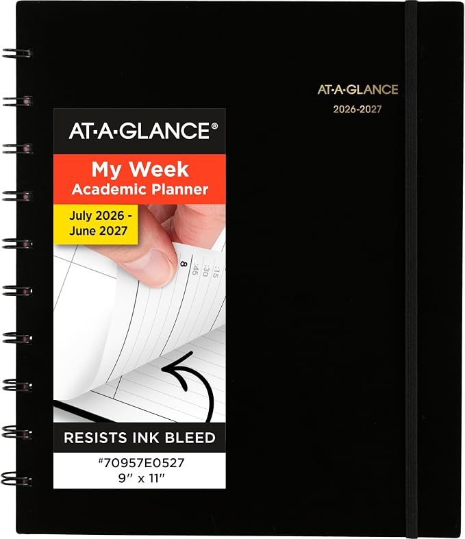 AT-A-GLANCE Planner 2026-2027 Weekly & Monthly Academic 12-Month July-June Quarter-Hourly Appointment Book, 9" x 11", Move-A-Page, Black (70957E05)