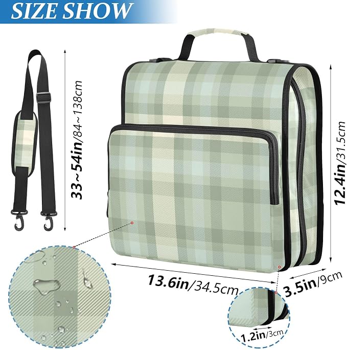 Aslsiy Zipper Binder Sage Green Plaid 1.5 inch 3-Ring Binder Organizer Checked Trapper Keeper with Shoulder Strap for School Office Supplies