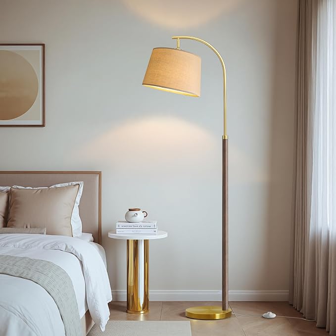 G-SAFAVA Real Wood Floor Lamps for Living Room Bedroom, 62.5" Mid Century Modern Lamp Gold Standing Tall Arc Lamps with Foot Switch, Floor Lamps for Nursery Office Decor Corner Reading Room Light