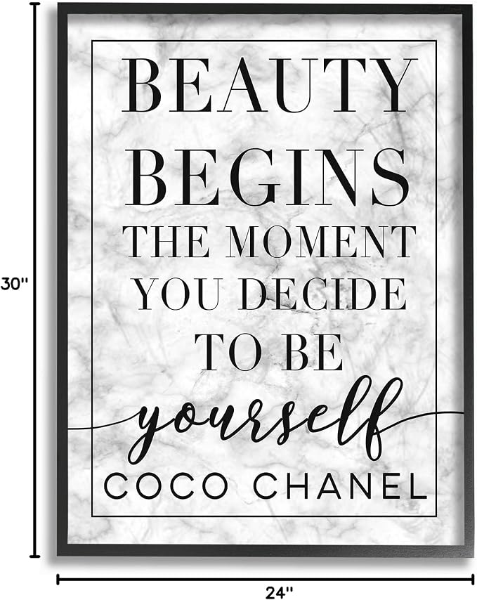 Stupell Industries Beauty Begins Once You Decide to Be Yourself White Marble Typography Wall Art, 24x30, Black