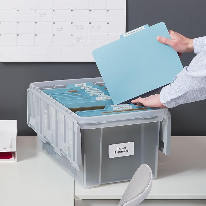 STAPLES Wing Lid File Totes, Letter Size, Clear, 2/Pack | Stackable storage totes for transporting and organizing hanging files.