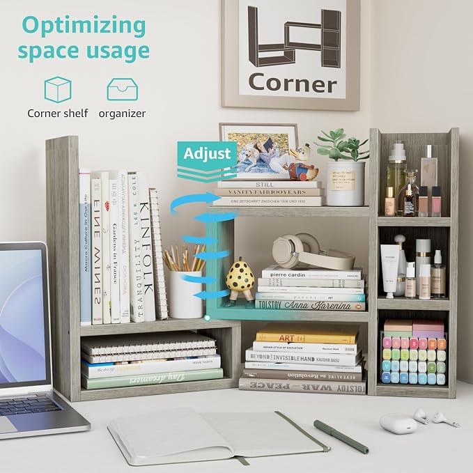 NUTIKAS Desk Shelves Desktop Organizer Shlef - Grey Office Organization for Top of Desk Organizers and Accessories Corner Bookshelf Table Top Shelving Small Hutch Decorations for Office