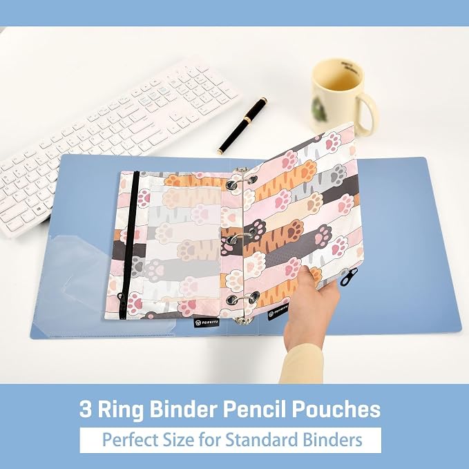 Cat Paw Prints Pencil Pouch for 3 Ring Binder, 2 Pack Waterproof Pencil Bags Clear Window Pencil Case Zipper School Office Supplies