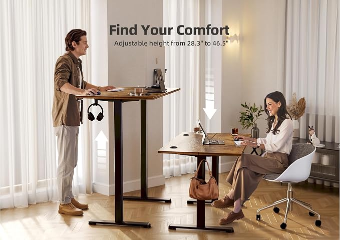 Claiks Electric Height Adjustable Standing Desk, 48x24 Inch, Vintage Brown | Smooth Height Adjustment, 3 Memory Presets, Cable management hub & hook, Stable Steel Frame, 156 lbs Capacity, Easy Assembly