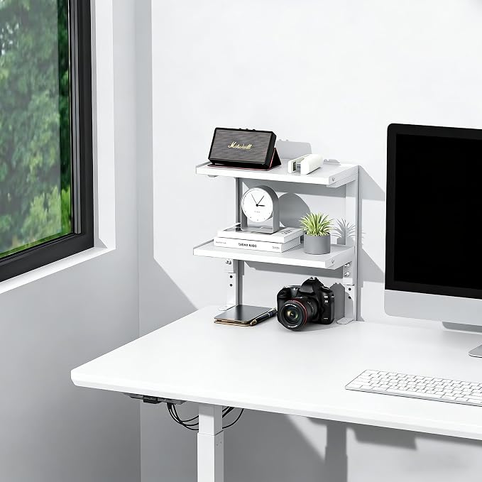 2-Tier Desk Shelf | Desk Organization Expandable Clamp on Desk Shelf Desktop Accessories for Offices and Game Rooms (White)