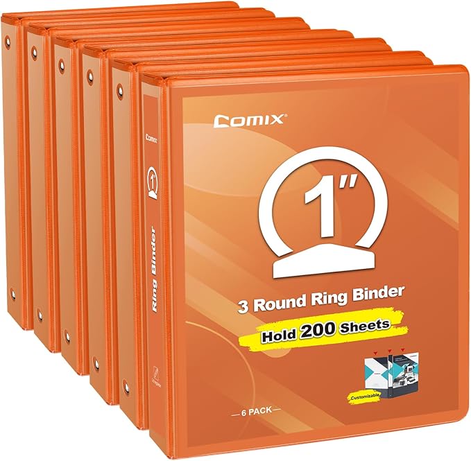COMIX Sturdy 1 Inch 3 Ring Binder with Clear View Cover | 1"Heavy Duty Round Ring,PVC-Free Board,Holds 200 Letter Sheets,Wholesale for Offices & Classrooms,6 Pack (Orange)