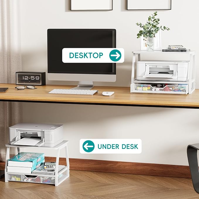 2-Tier Printer Stand with Storage, Desktop Organizer with Drawers for Printer Paper, Desk Shelf for Office and Home Printers‌ Tables, White