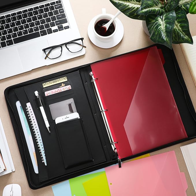 Gilprop 3 Ring Binder with Clipboard, 13.4"x11" Binder Padfolio,Black | Faux Leather Binder Organizer with Zipper, 5 Folder Divider Pages for Documents Business Cards Teachers Nurses School Office