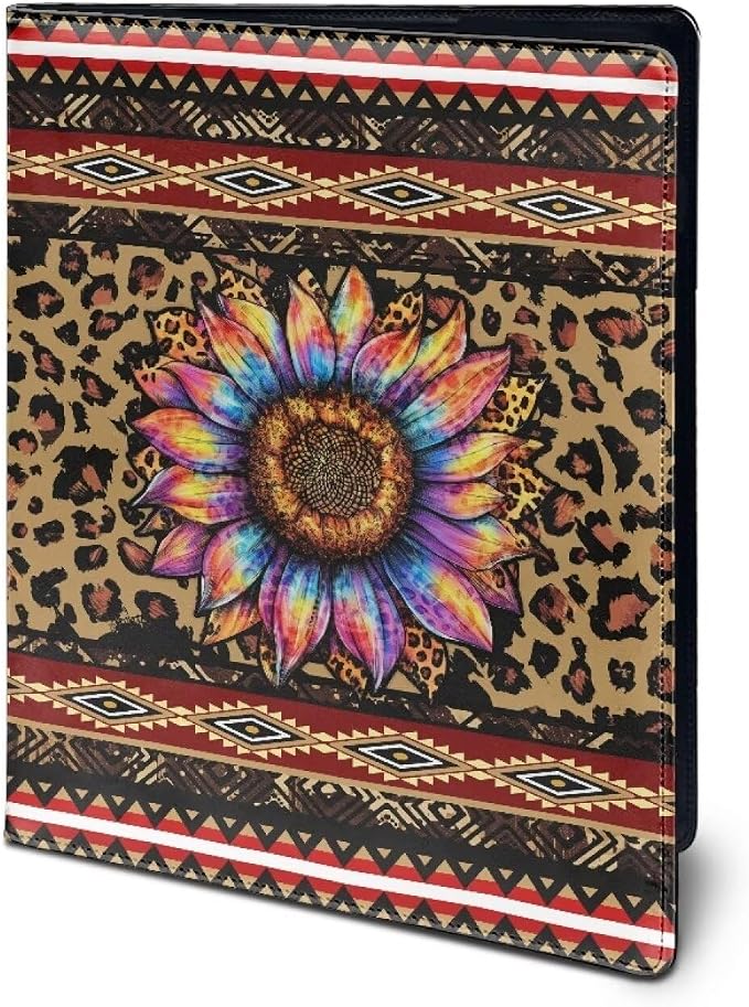 Dreaweet Leopard Aztec Sunflower Padfolio Clipboard Folder Leather Portfolio Organizer Binder for Women,Business Organizer Suitable for Interviews,Resumes,and Conference Documents