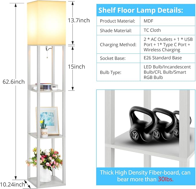 Shelf Floor Lamp with Wireless Charger, USB, Type C, AC Port, Grey | Fast Charging USB Ports & Type C Port & 2 Power Outlets, 3 Tier Storage Shelf Lamp, E26 Base, 60W Max(Bulb Not Included)