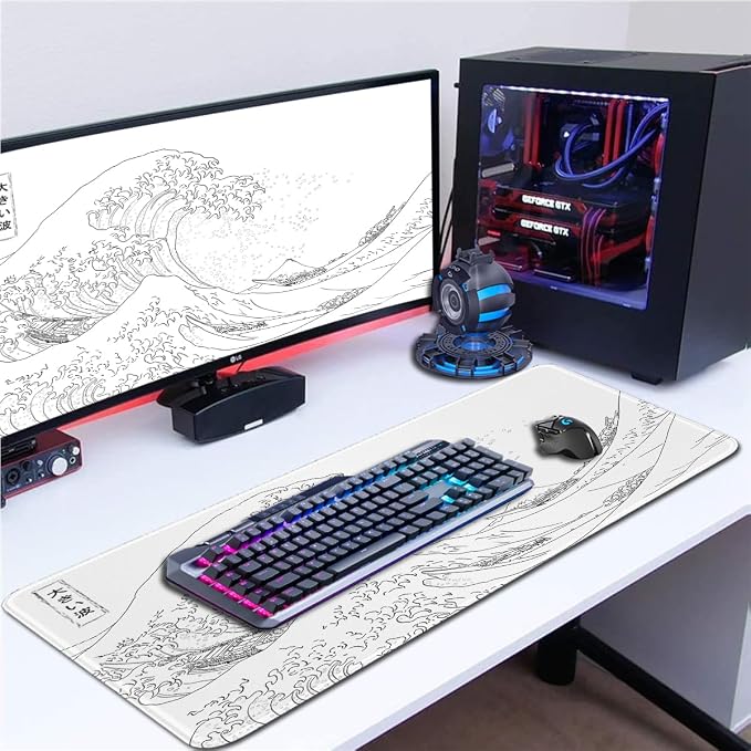 Large Gaming Mouse Pad with Stitched Edges,Non-Slip Base Desk Pad,White Wave of Japanese Kanagawa Mouse Pad,XXL 15.7x35.4 inch Extended Keyboard Pad Long Desk Pad for Office and Game