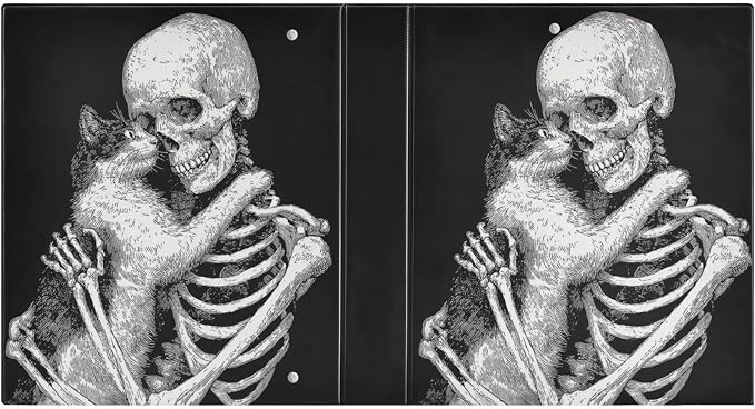 Black Gothic Skeleton and Cat Binder 3 Ring 1.5 Inch Binder with Clipboard&Pockets, Hardcover Binders Heavy Duty Large File Folder for Office School Supplies - Holds 200 Sheets, 2 PC