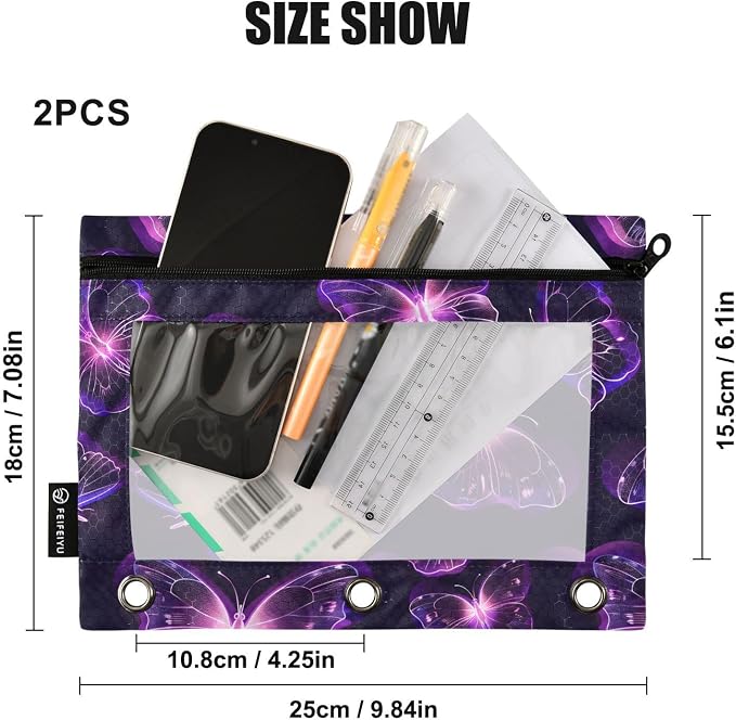 Butterflies Purple Neon Pencil Pouch for 3 Ring Binder, 2 Pack Waterproof Pencil Bags Clear Window Pencil Case Zipper School Office Supplies