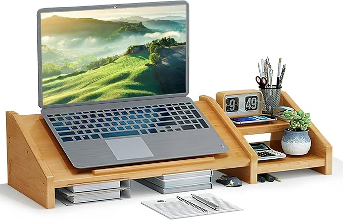 Ufine Bamboo Laptop Stand for Desk with Storage Computer Monitor Riser | 3 Heights Adjustable, Notebook Printer Stand Desktop Organizer for Home Office