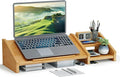 Ufine Bamboo Laptop Stand for Desk with Storage Computer Monitor Riser | 3 Heights Adjustable, Notebook Printer Stand Desktop Organizer for Home Office
