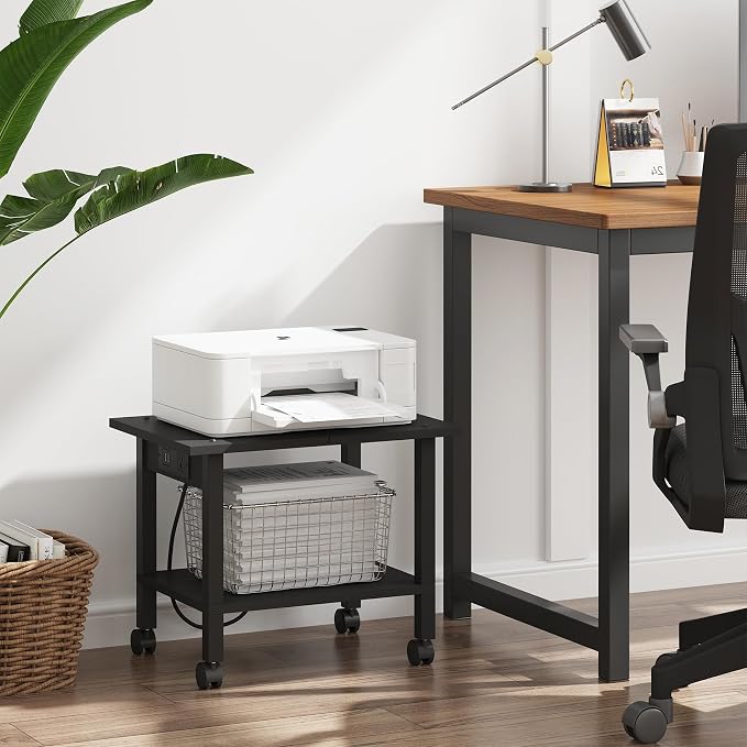 TUTOTAK Printer Stand, 2 Tier Rolling Printer Cart with Charging Station | Small Under Desk Printer Table with Wheels for Small Space, Office, Home, Black PS01BK001P