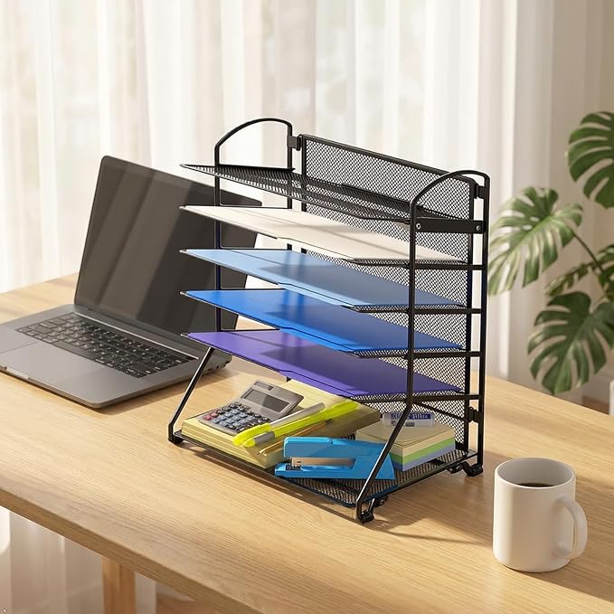 Simple Houseware 6-Tier Desk Organizer & Sliding Paper Tray, Black | Space-Saving Desktop Letter Tray for Document, Files and Mail Sorting