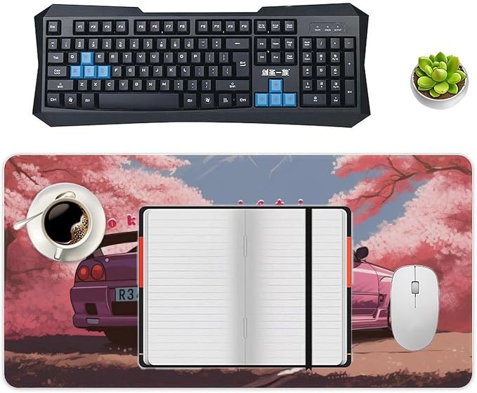 Anime Car Large Mouse Pad Japanese Cherry Blossom JDM Mousepad Gaming Pink Desk Mat R34 Keyboard Computer Pad Office Desk Organizers and Accessories 23.6 x 11.8 Inch