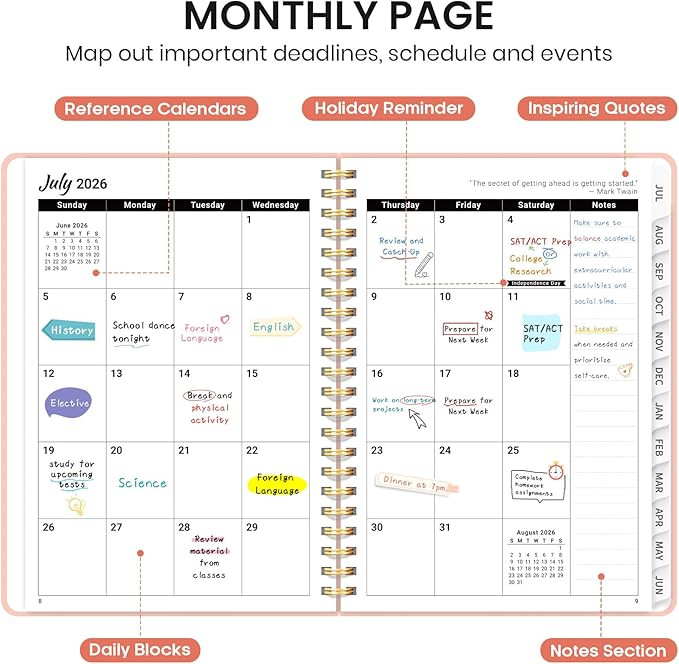 Taja Planner 2026-2027, Jul 2026-Jun 2027 Monthly & Weekly Calendar Book | 8.5" x 11", Hardcover Academic Calendar with Tabs, Teacher Student Agenda Book for School Office Supplies - Pink