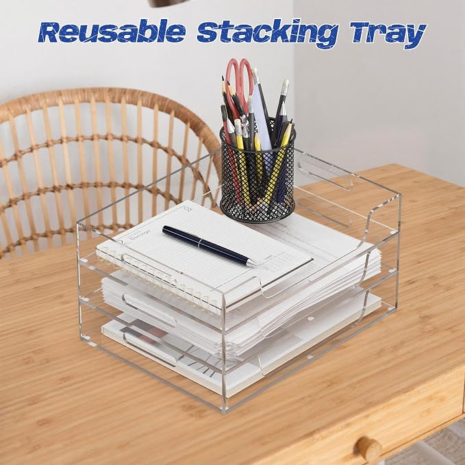 Acrylic Letter&A4 Paper Tray, Clear Desk Organizer, Multi-Function File Tray, Accessories Sorter for Papers, Documents, Magazines, Folders, Notebooks - 12.2'' x 9.25'' x 2'' (Horizontal)