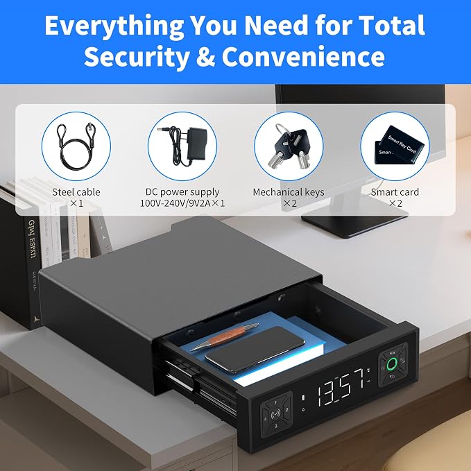 Smart Safety Box, Biometric Gun Safe for Handguns, Portable Security Safe with Fingerprint Lock, RFID Card, Keys, Anti-Theft Steel Cable, for Home & Travel, USB Charging, 2.4L Capacity