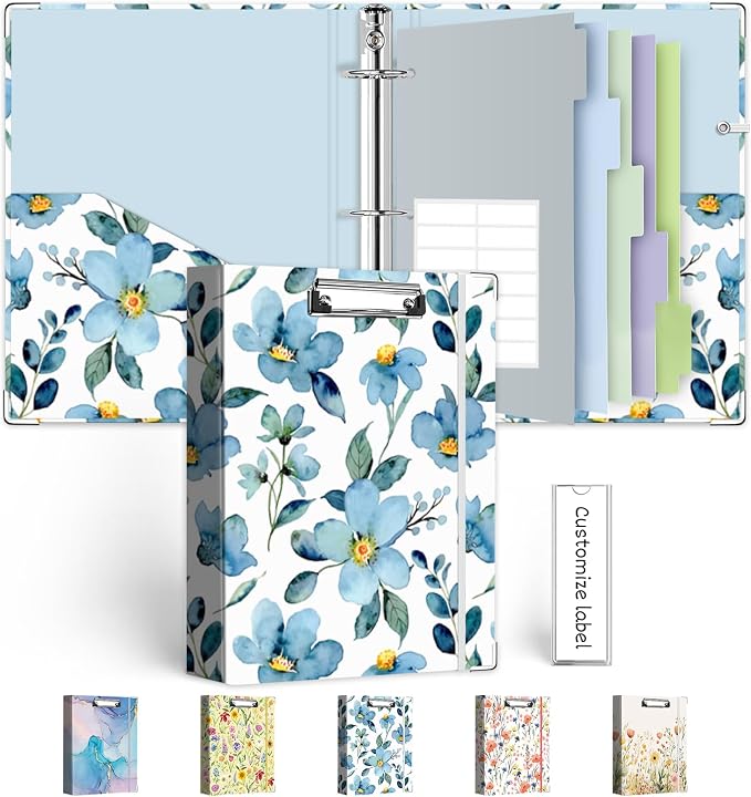 Mini Binder Organizer for 5.5" x 8.5" Paper ，1 Inch 3 Ring Binder with Clipboard, 5-Tabs Pockets Dividers, Plastic Folder, 18 Divider Stikers, Pen Loop (Blue Flora, Half Letter Size)