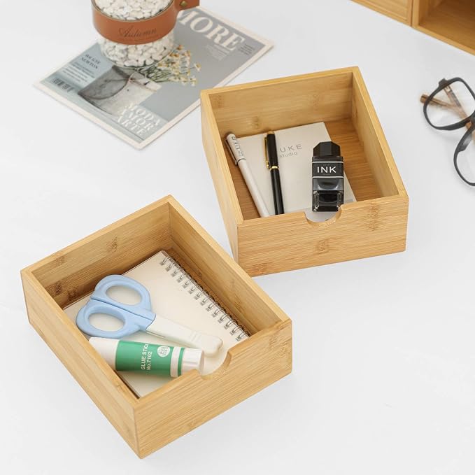 Bamboo Desk Drawer Organizer, Desktop Organizer with Drawers T(4 Drawes) | 4 Drawers Open Top Tray Fully Assembled Stores Pens, Notes, Makeup, Jewelry & Toiletries for Office, Vanity & Bath