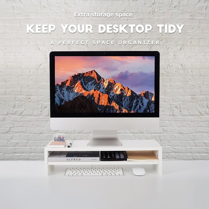 BEYGORM Monitor Stand Riser, White, 21.6 inch, 2 Tiers Wood Desk Shelf | For Full Keyboard, Computer Screen Stand with Storage for Desktop Laptop/Screen/TV/PC/Printer 21.6"L x 7.8"W x 5.2"H