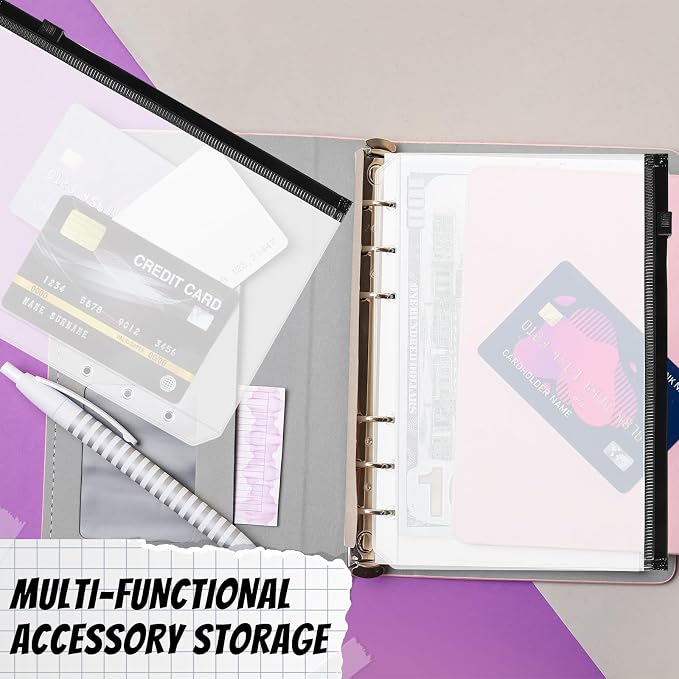Zonon 30 Pcs A6 6 Rings Black Zipper Binder Pouches Clear Binder Pockets with Zipper Folders Waterproof PVC Loose Leaf Bags Filling Bags for Pen Pencil Notebooks File Document