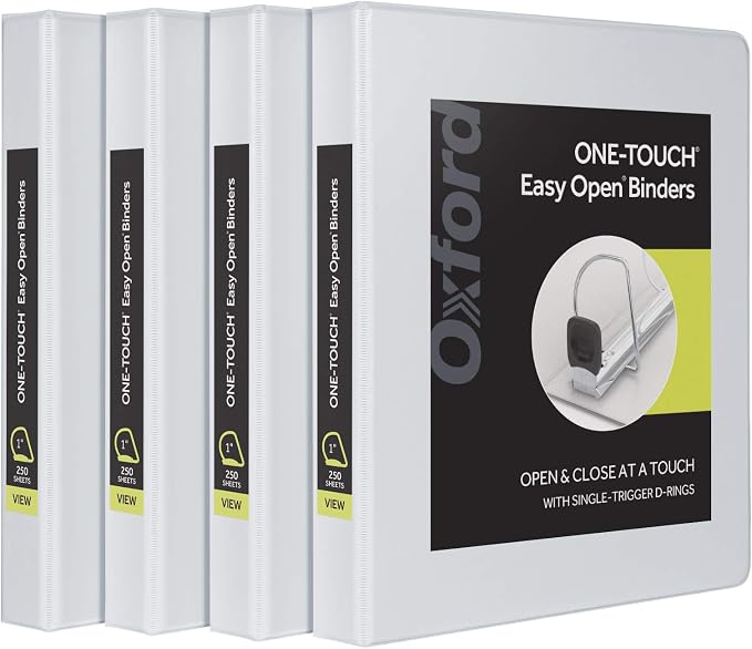 Oxford 3 Ring Binders, Binders for School and Office, 1 Inch ONE-Touch Easy Open D Rings, 3-Sided View Binder Covers, Xtralife Hinge, Non-Stick, PVC-Free,White, 250-Sheet Capacity, 4 Pack (79904)