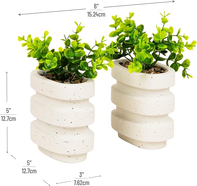 Mind Reader Ribbed Cement Planter Bookends, Faux Greenery for Shelves and Desk Decor, Set of 2, White