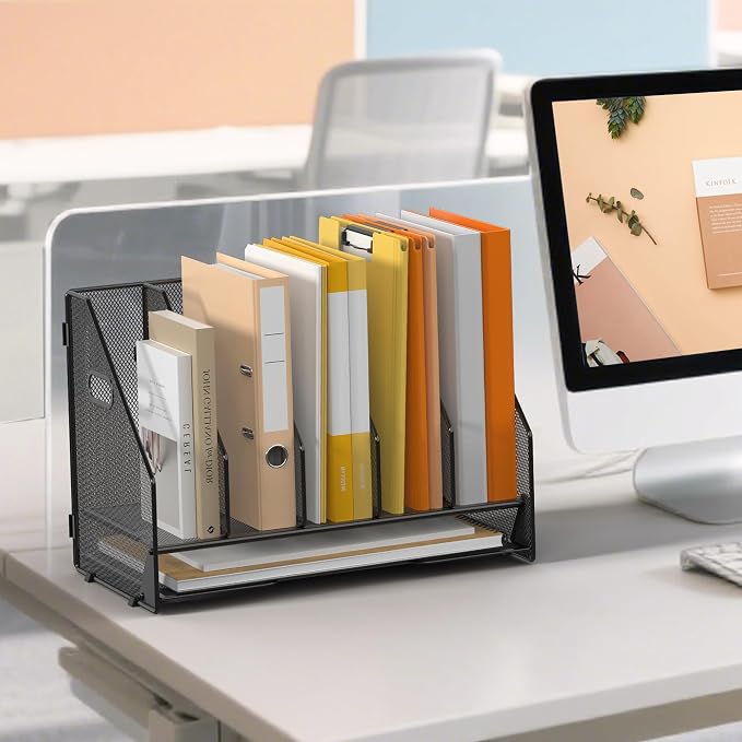 5 Vertical Mesh Desk Organizer with Paper Letter Tray, Black | Sorting racks with lower letter tray section. Multipurpose mesh desktop space saver for home office and school