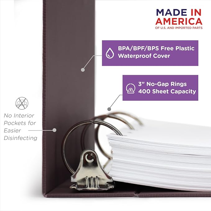 Carstens 3-Inch Heavy Duty 3-Ring Binder - Top Opening, Plum, Durable Plastic, Precision No-Gap Rings, Waterproof Cover, No Pockets, Holds 400 US Letter Sheets, BPA-Free, Made in USA (1716-3R)