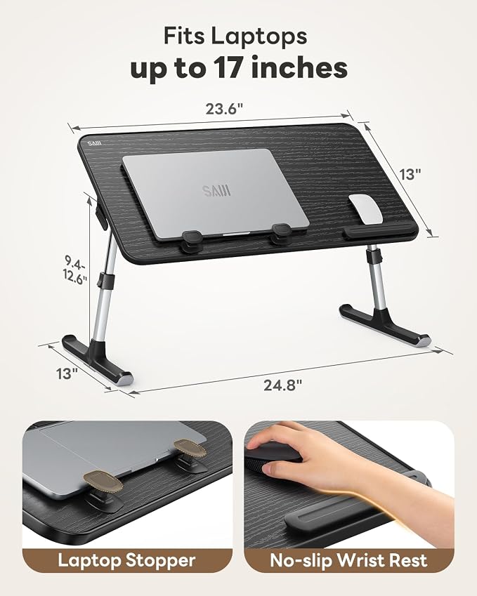 Laptop Desk for Bed, SAIJI Lap Desks Bed Trays for Eating Writing | 5 Heights, 4 Angles, Stable Folding Table for Bed Sofa Desk, Suitable for Laptops up to 17 Inches (60 x 33 cm Black)