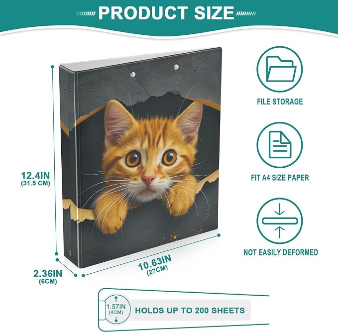 3 Ring Binder, Orange Cat File Folder Holds 200 Sheets File Storage for Women Men School Office Supplie
