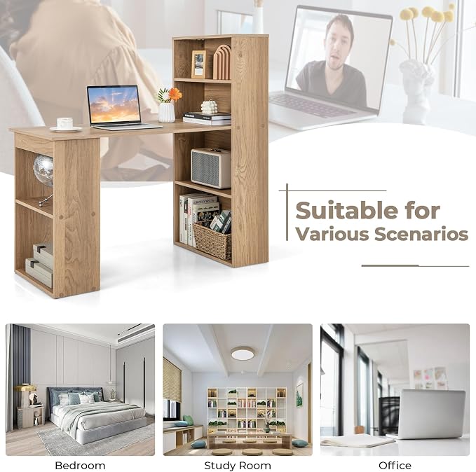 GRAFFY Computer Desk with 6 Storage Shelves - 48" Reversible Writing Desk Workstation with Bookshelf and CPU Stand, Modern Compact Office Desk for Bedroom, Study, Home, Office (Natural) | Reversible Writing Desk with 6 Storage Shelves, Modern Compact O...