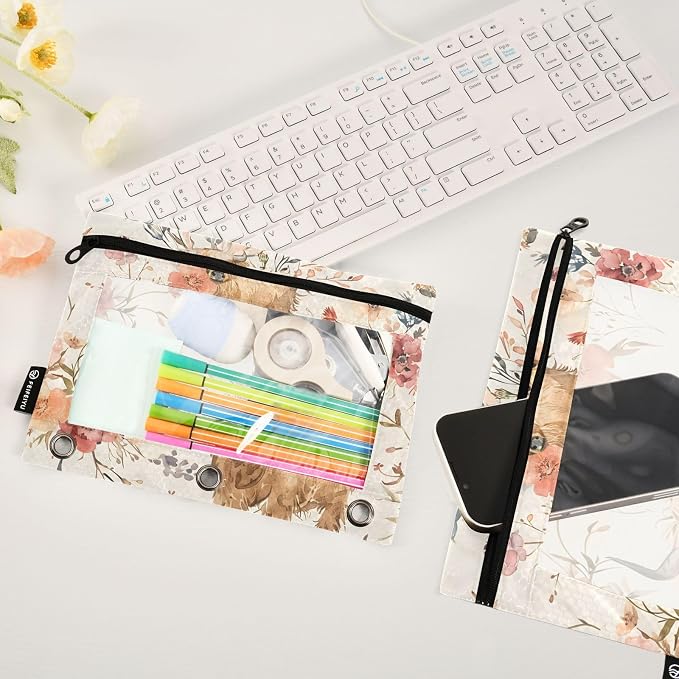 Cute Highland Cows Flowers Pencil Pouch for 3 Ring Binder, 2 Pack Waterproof Pencil Bags Clear Window Pencil Case Zipper School Office Supplies