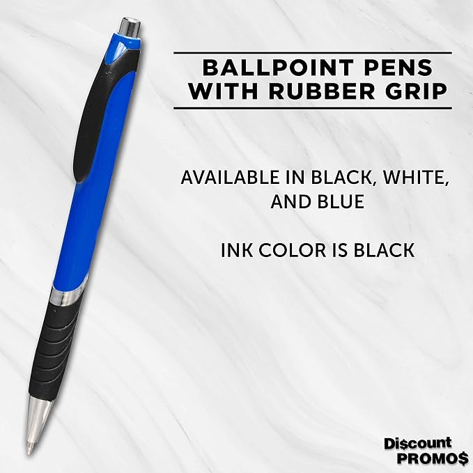 DISCOUNT PROMOS Ballpoint Pens With Rubber Grip - 10 pack - Black Ink Ball Point Pen with Soft Touch Plastic - Blue