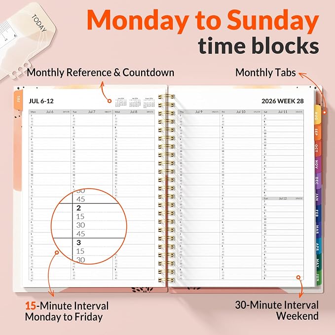 SUNEE 2026-2027 Appointment Book, Quarter-Hourly, Weekly & Monthly - from July 2026 to June 2027, 6.4"x8.3" Academic Planner, Flexible Cover, Note Pages, Bookmark, Spiral Binding, Abstract