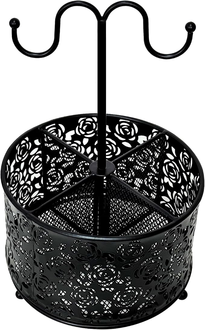 Pen Holder for Desk,360 Degree Rotating Pencil Holder Organizer | 4 Compartments,Large Capacity Pencil Holder for Desk,Metal Rust Prevention Pen Organizers(Pattern of Roses, With Hook)