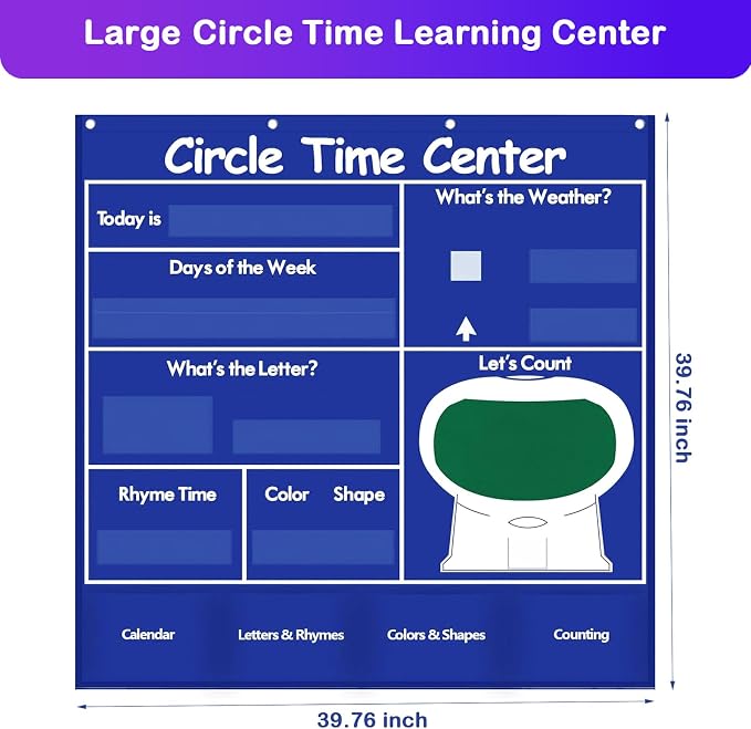 Circle Time Learning Center Classroom Pocket Chart, Educational Teaching Materials with Cards for Preschool, Learning Calendar Weather Letter Rhyme Color Shape Counting Number etc, Blue
