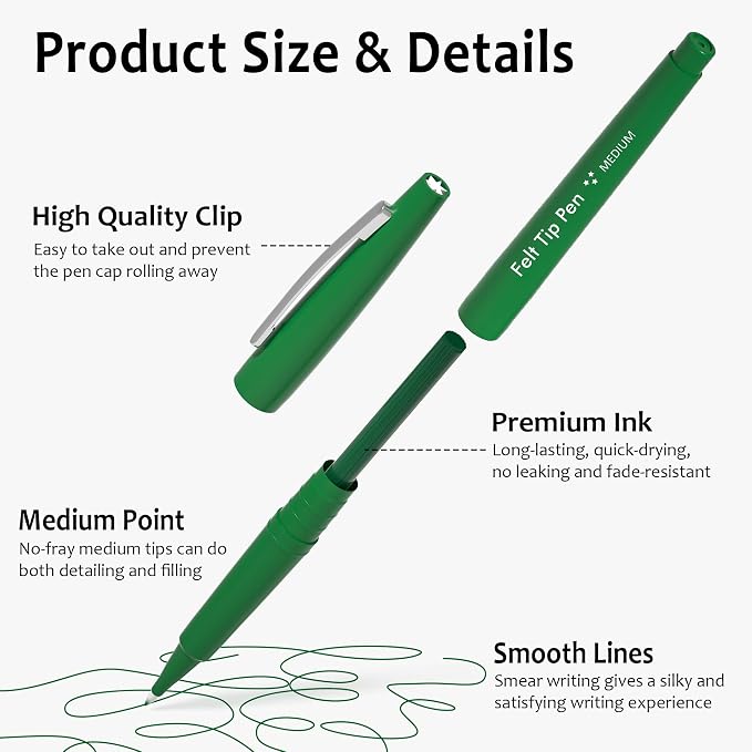 Lelix Felt Tip Pens, 40 Green Pack, 0.7mm Medium Point, Felt Tip Markers Pens for Journaling, Writing, Note Taking, Planner, Perfect for School Office and Art Supplies