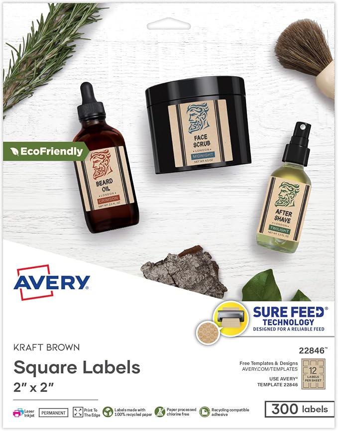 Avery Kraft Brown Square Labels with Sure Feed Technology, 2" x 2", Print to the Edge, Laser/Inkjet Printable Labels, 300 Total (22846)