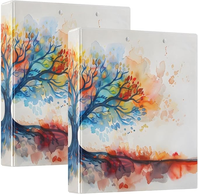 3 Ring Binder Watercolor Tree Life 1.5 inch Binders Three Ring Binders with Clipboard Fit 8.5'' x 11'' Paper 3 Interior PVC Clear Pockets for Office Supplies