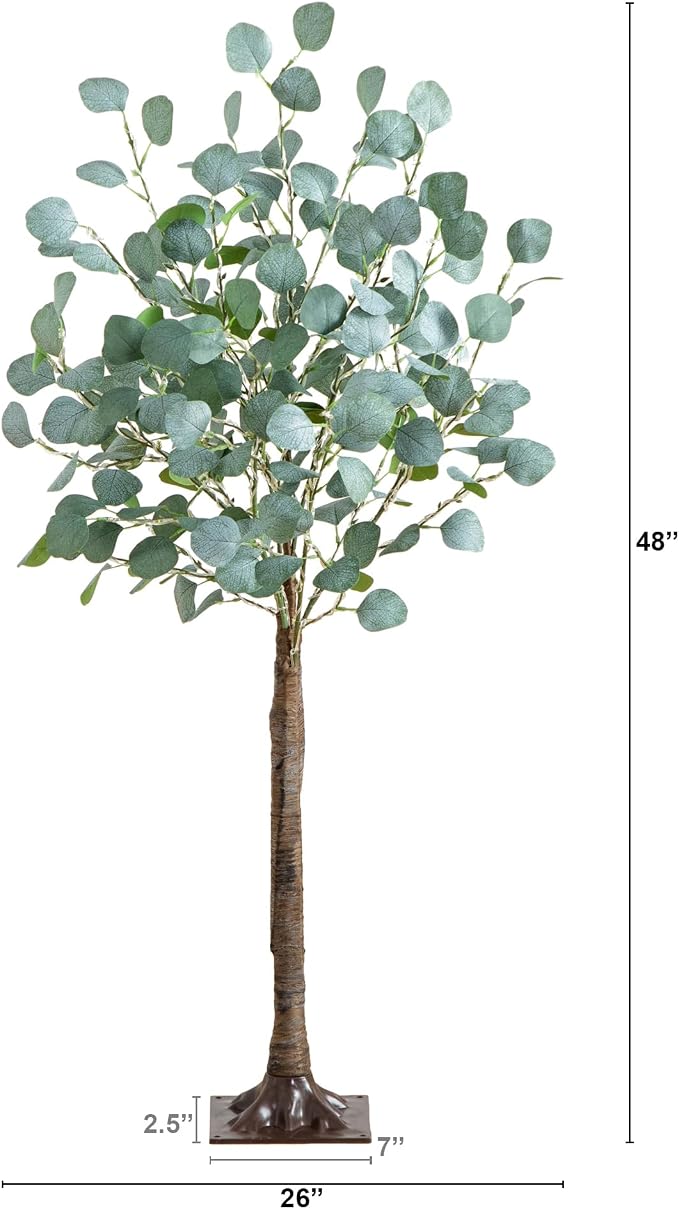 Nearly Natural 4-FT Lighted Artificial Eucalyptus Tree, Faux Eucalyptus Tree in Green for Home & Office Décor with Square Base Stand, 240 Warm White LED Lights