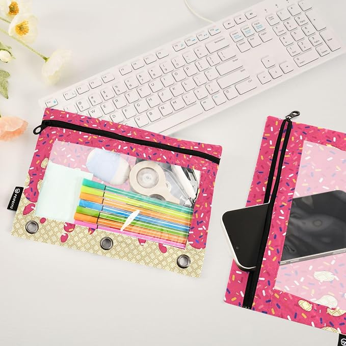 Red Ice Cream Print Pencil Pouch for 3 Ring Binder, 2 Pack Waterproof Pencil Bags Clear Window Pencil Case Zipper School Office Supplies